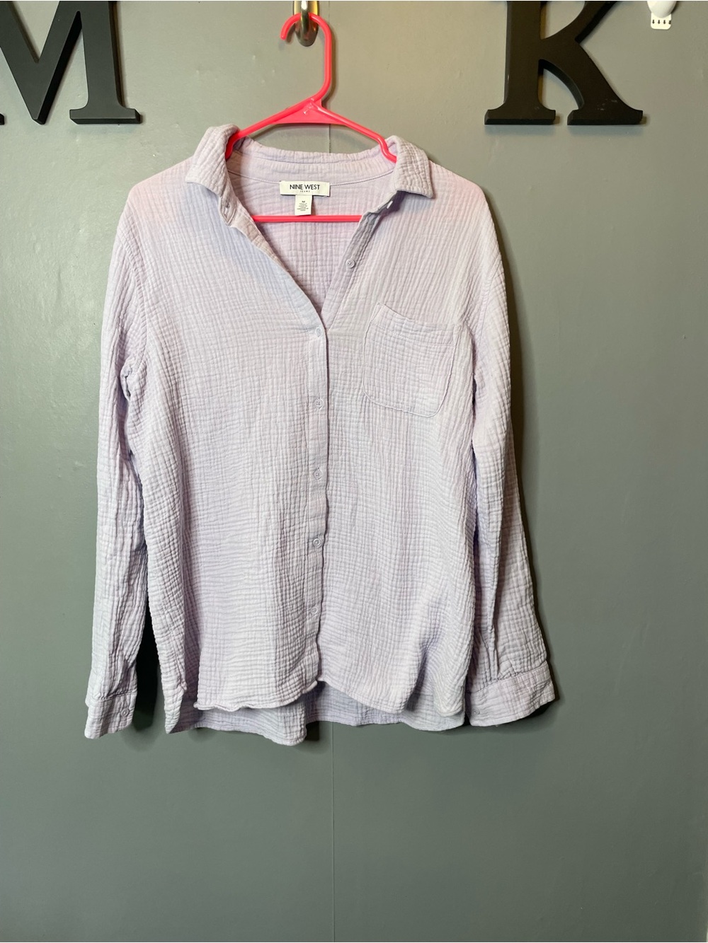 Nine West Lightweight Gauze Cotton Button-Up Shirt Lavender size medium